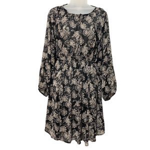 Knox Rose Dress Black Silver Swirl Print Side Tie Long Sleeve Knee Length L